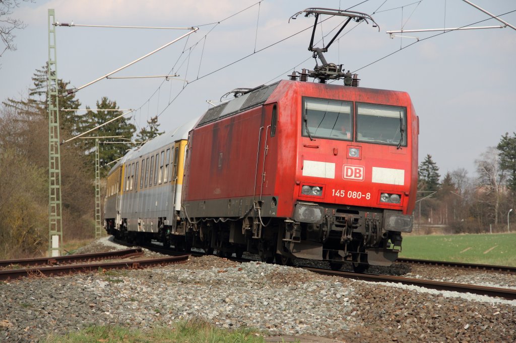 145 080-8 DB mit Messwagen bei Redwitz am 03.04.2012.