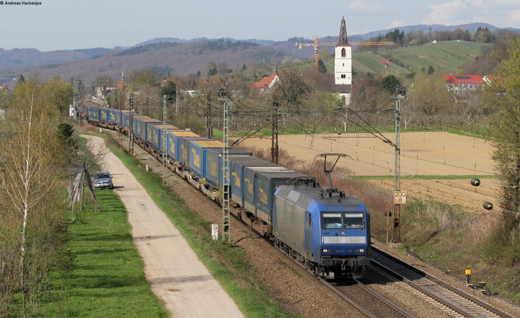 145 099-8 mit einem LKW Walter KV Zug bei Denzlingen 17.4.13