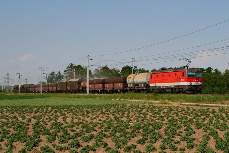 14.5.08 Jeden Tag sehen sie anders aus, einmal lnger, einmal krzer, gemeint sind die Gterzge zwischen Laa an der Thaya und Wien Zvbf. Zwar keine besondere Lok, das hinderte mich nicht auch diese abzulichten. Die 1044 077 mit dem NG 64203 von Laa an der Thaya nach Kledering.