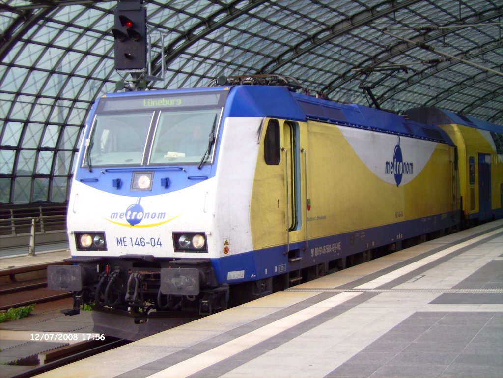 146-04 der Metronom mit einem Sonderzug nach Lneburg am 12.07.2008 in Berlin Hbf.