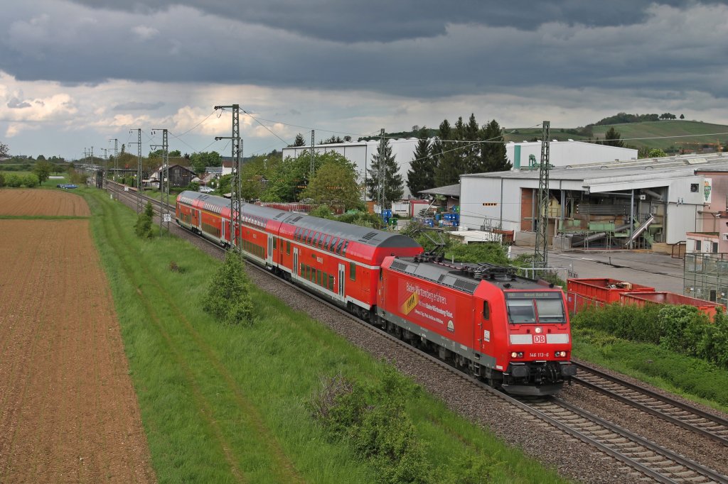 146 113-6  Baden-Wrttemberg erfahren  kurz nach der Abfahrt aus dem Hp Auggen gen Basel. (11.05.2013)
