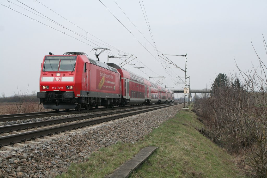 146 116-9 mit einer RB nach Neuenburg (Baden) am 27.03.13 bei Hgelheim.