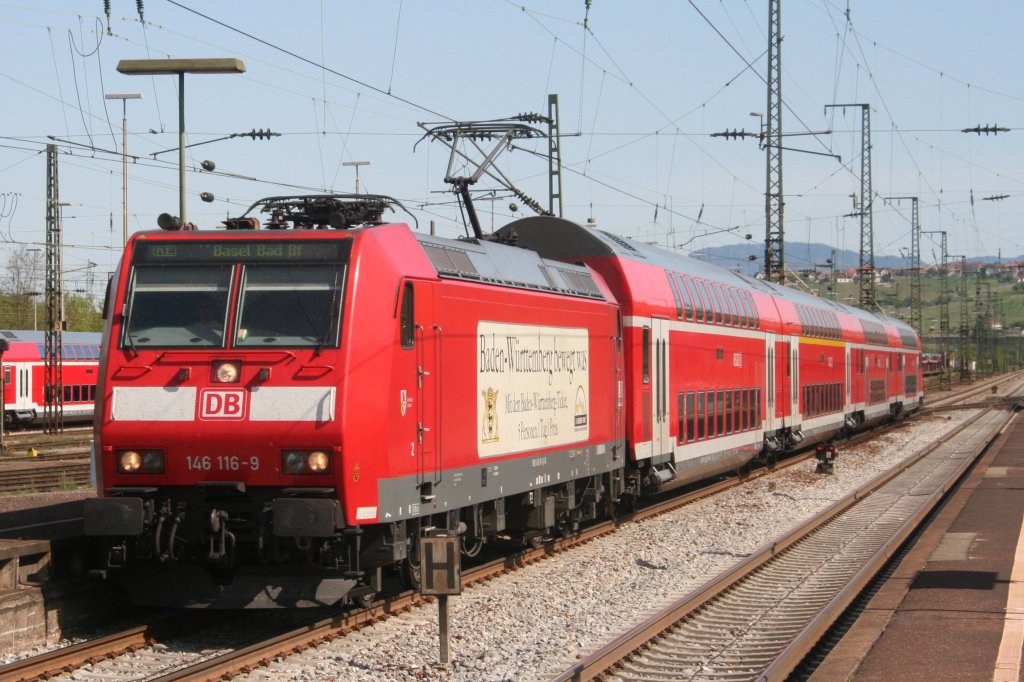 146 116 am 25.04.09 in Weil am Rhein mit RB nach Bael Bad. Bf. 