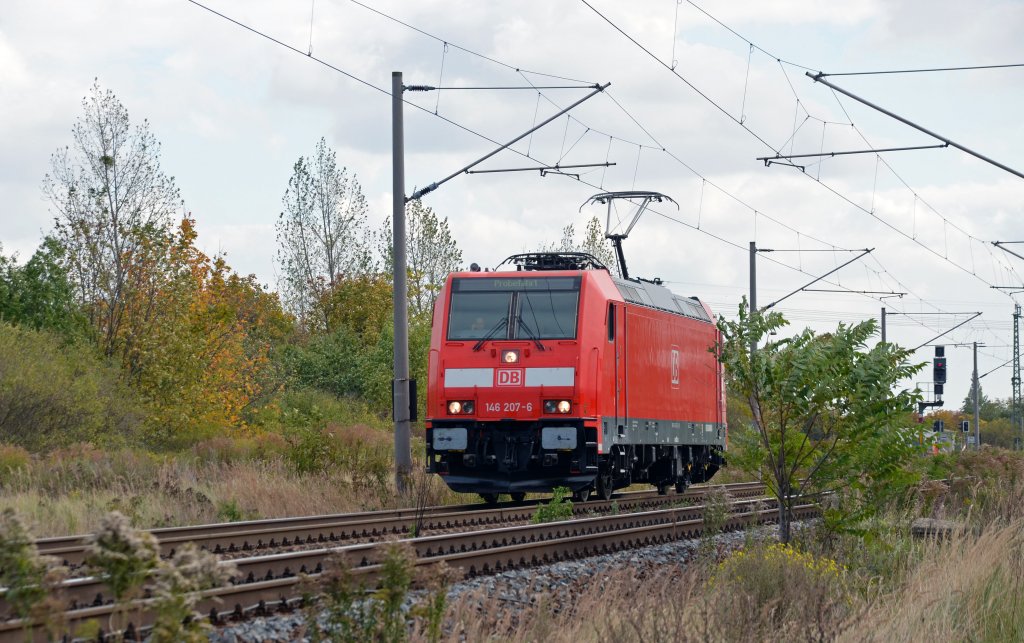 146 207 war am 09.10.12 vom Werk Dessau aus auf Probefahrt. Hier f�hrt sie nach der Probefahrt durch Greppin zur�ck ins Aw Dessau.