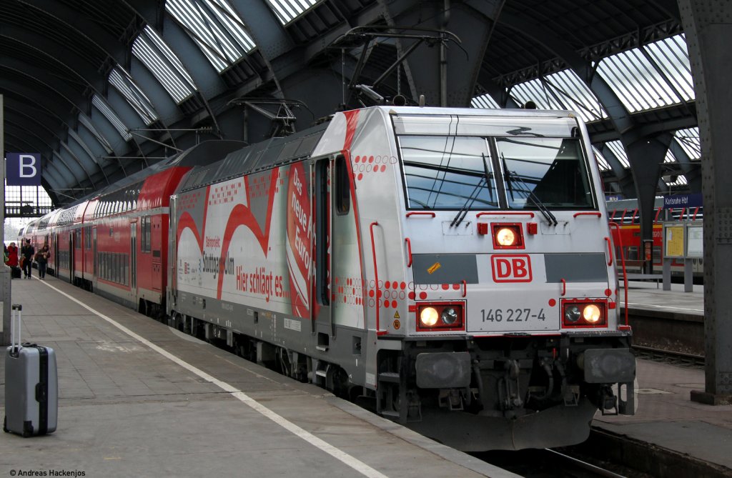 146 227-4  Bahnprojekt Stuttgart-Ulm  mit dem IRE 4909 (Karlsruhe Hbf-Stuttgart Hbf) am Startbahnhof 19.3.11