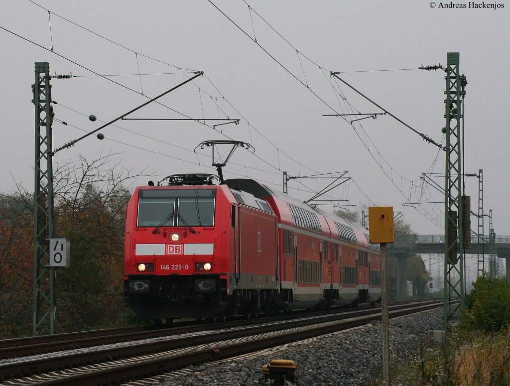 146 229-0 mit dem RE 4713 (Karlsruhe Hbf-Konstanz) an der Bk Basheide 29.10.09. Komischerweise das erste Mal ohne Zugziel