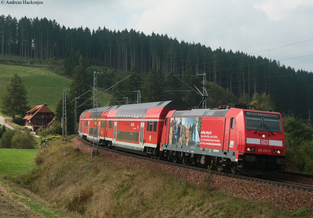 146 231-6  Triberg Wasserflle  mit dem IRE 4711 (Karlsruhe Hbf-Konstanz) am km 70,0 25.9.09