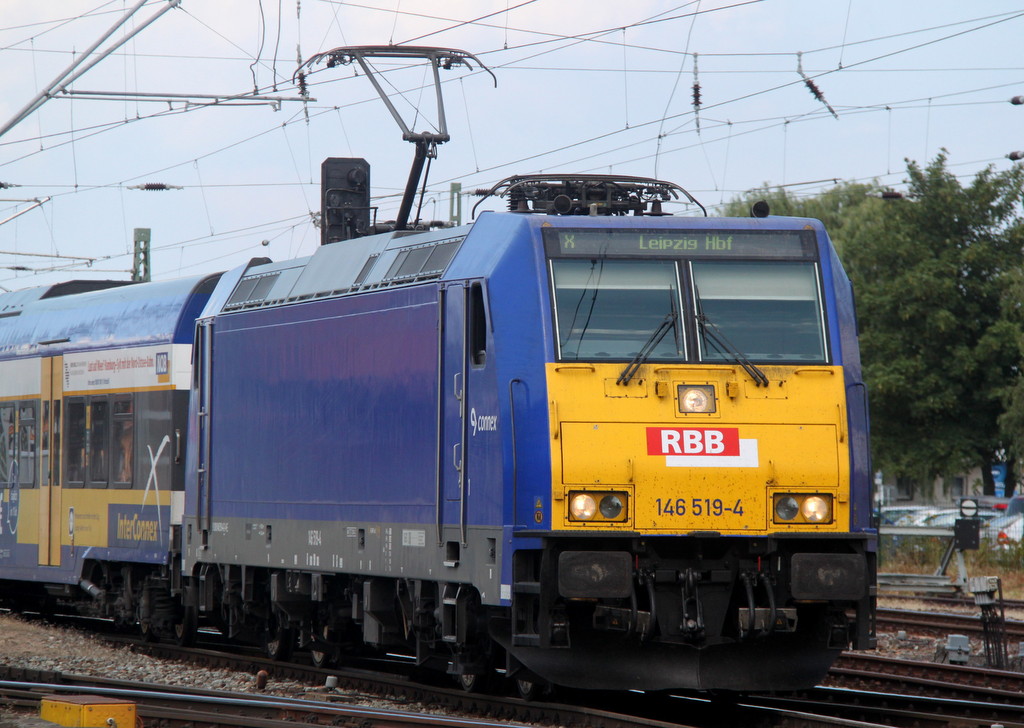 146 519-4 mit InterConnex 68904 von Warnemnde nach Leipzig Hbf bei der Ausfahrt im Bahnhof Warnemnde.30.07.2013 