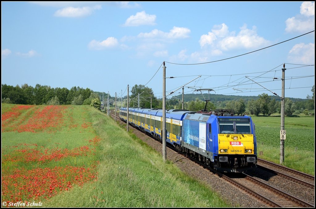 146 520 mit Connex aus Warnemnde nach Leipzig am 06.06.2011 in Benitz kurz vor Schwaan.