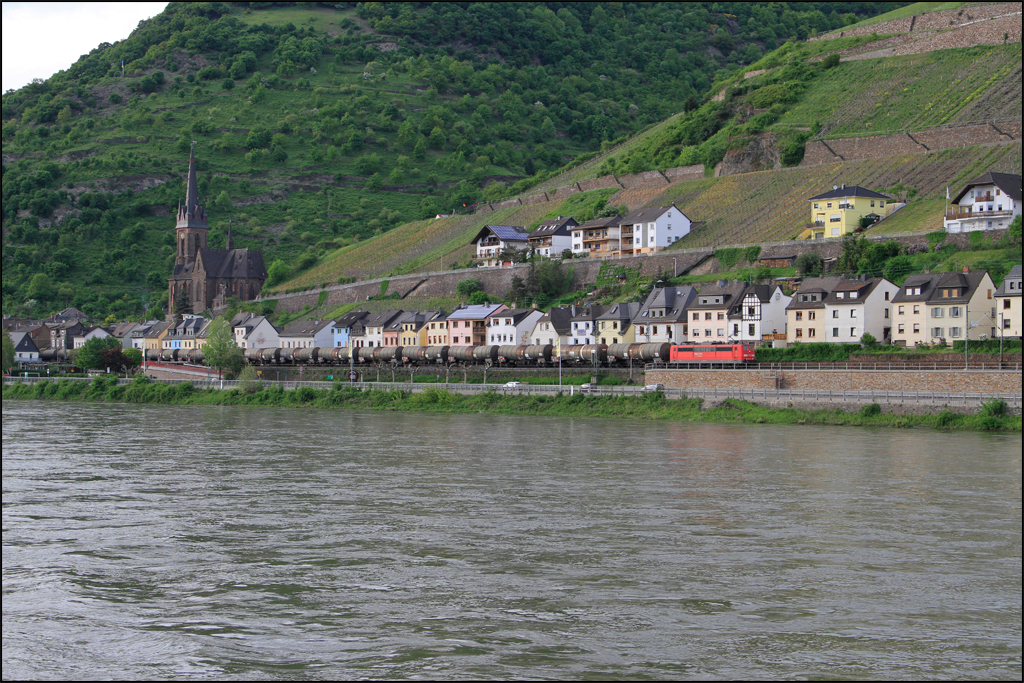 151.161 durchfhrt am 14.05.13 mit einem Kesselwagenzug die Ortschaft Lorchhausen, und erreicht in wenigen Minuten Lorch am Rhein.