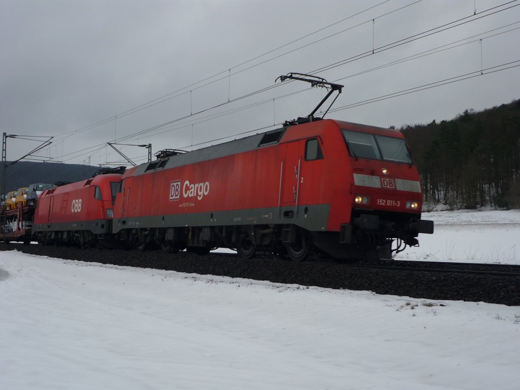 152 011-3 mit einer 10 oder 1116, mit Gz, zwischen Gemnden (Main) und Karlstadt (Main), am 03.02.2010