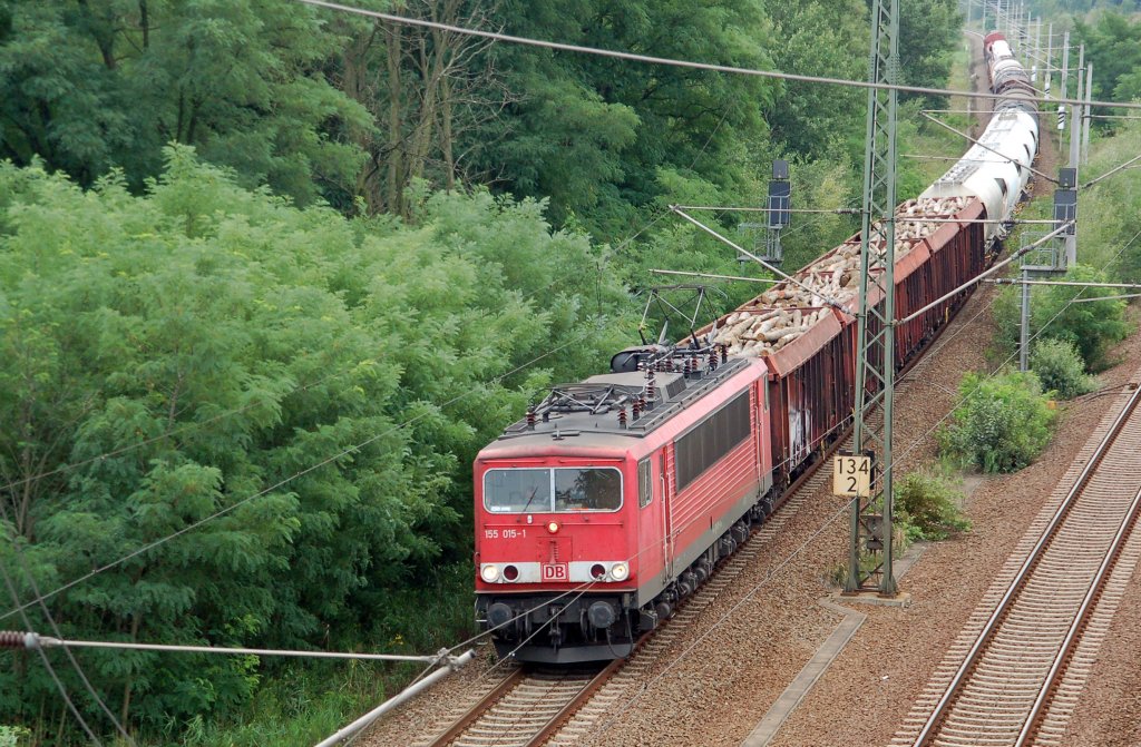 155 015 fhrt mit einem gemischten Gterzug aus Richtung Leipzig kommend am 13.08.10 durch Holzweissig Richtung Bitterfeld.