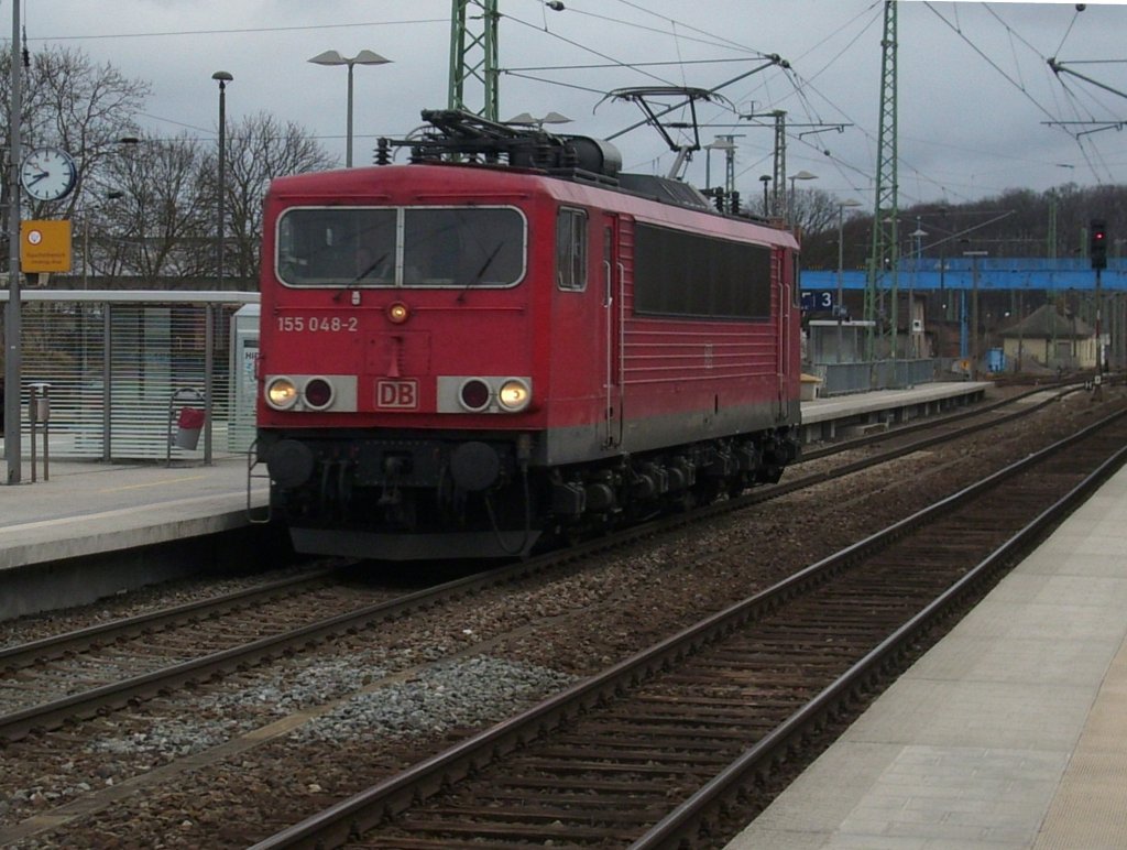 155 048 als Lz kommend von Mukran am 22.Mrz 2010 bei der Durchfahrt durch Bergen/Rgen.