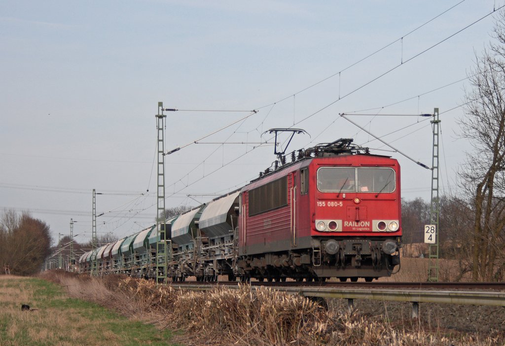 155 080-5 mit einem Gterzug nach Aachen-West am Km 28.4 der KBS485 24.3.10