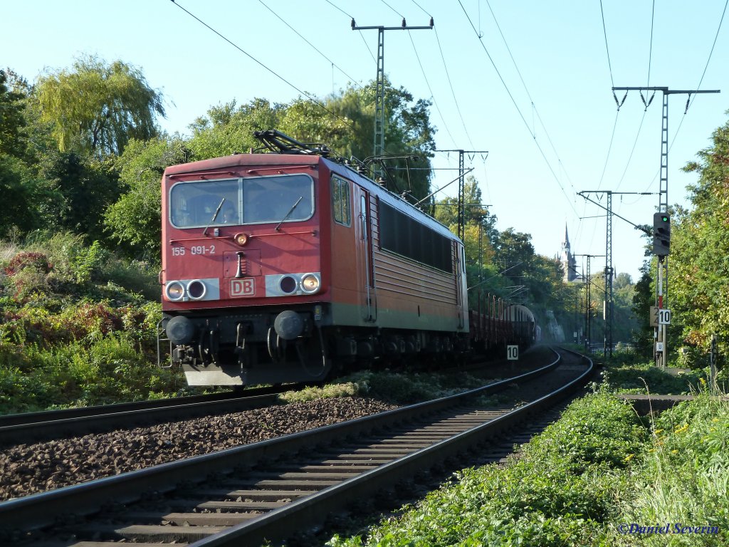 155 091 bei der Einfahrt in Dresden Cotta mit einem gemischten Gz.
16.10.11