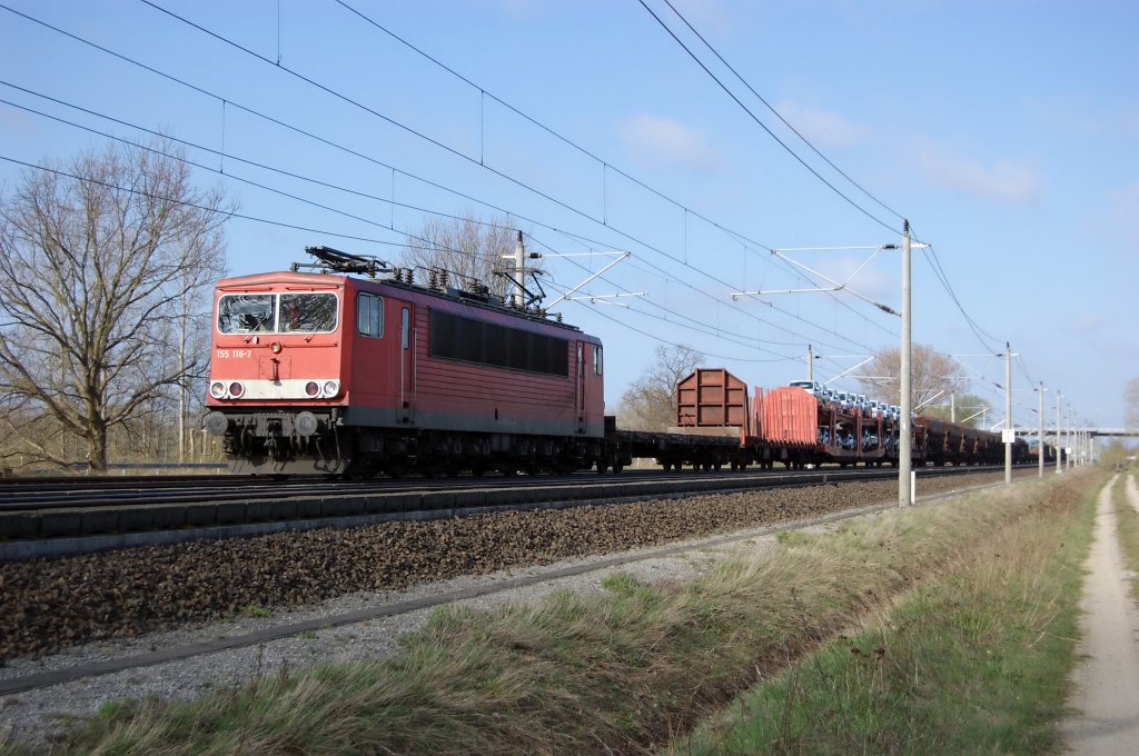155 116-7 mit einen gemischten Gterzug zwischen Growudicke und Rathenow. 17.04.2010