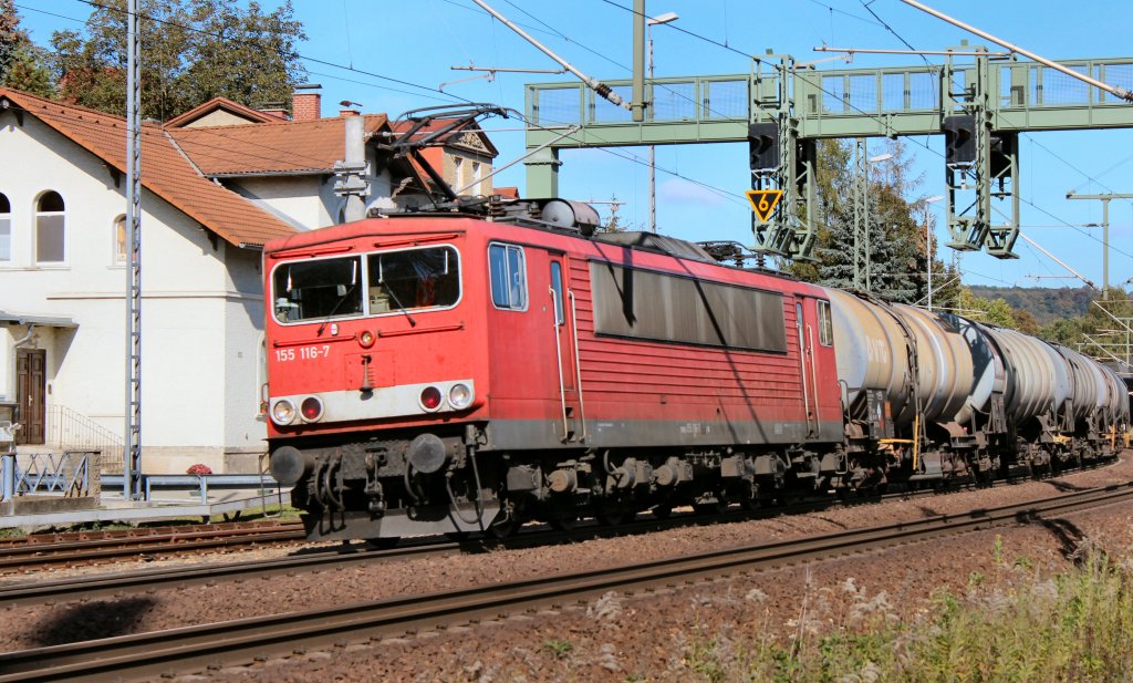 155 116-7 zieht am 09.07.11 einem Kesselwagenzug auf der Thüringer Bahn in Richtung Süden.