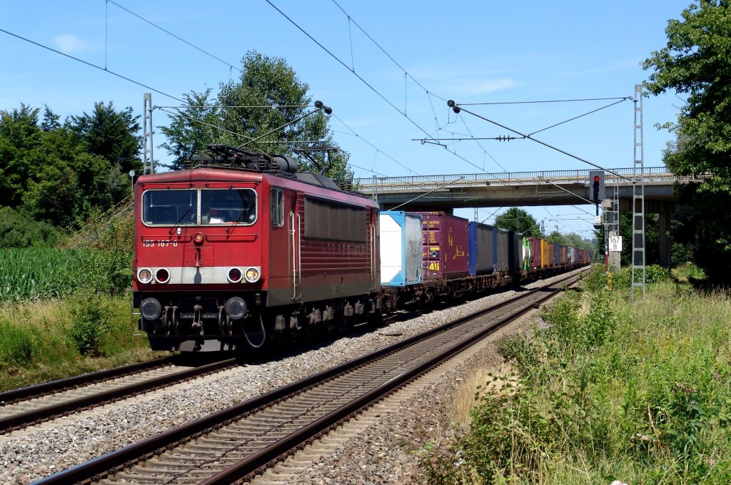 155 167 mit einem Containerzug am 05.07.2008 unterwegs bei Lahr (Schwarzwald).
