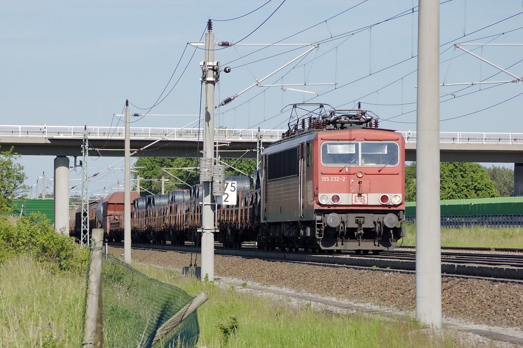 155 232-2 mit einem gemischten GZ zwischen Growudicke und Rathenow in Richtung Stendal. 05.06.2010
