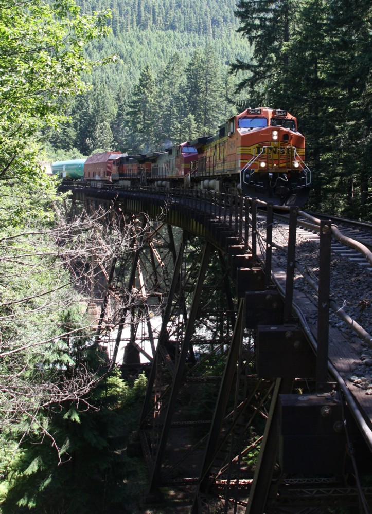 15.7.2012 Skykomish River, WA. BNSF 5454 (C44-9W) fhrt den gemischten Gterzug an, der auch 3 Flugzeug-Rmpfe fr Boeing Richtung Seattle befrdert.