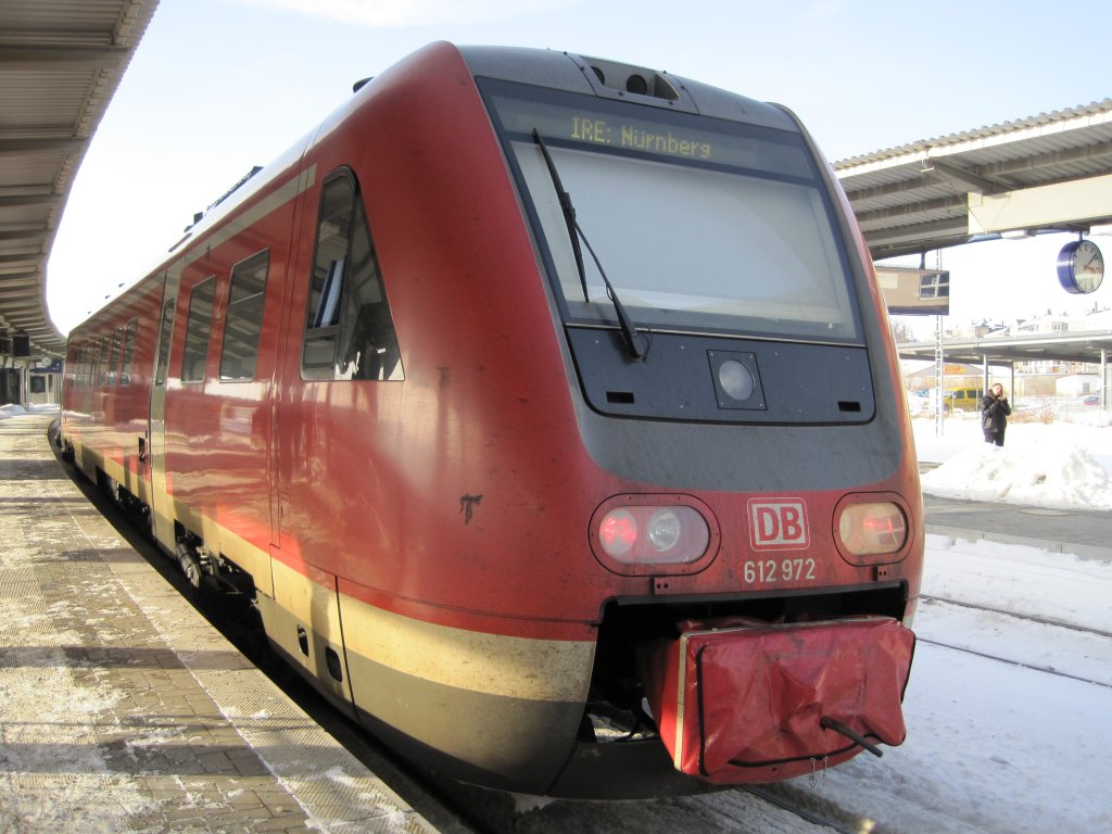 17.2.2010 15:06 DB AG Baureihe 612 als IRE (Franken-Sachsen-Express)nach Nrnberg von Dresden auf Gleis 4 in Plauen (Vogtland) Oberer Bahnhof.