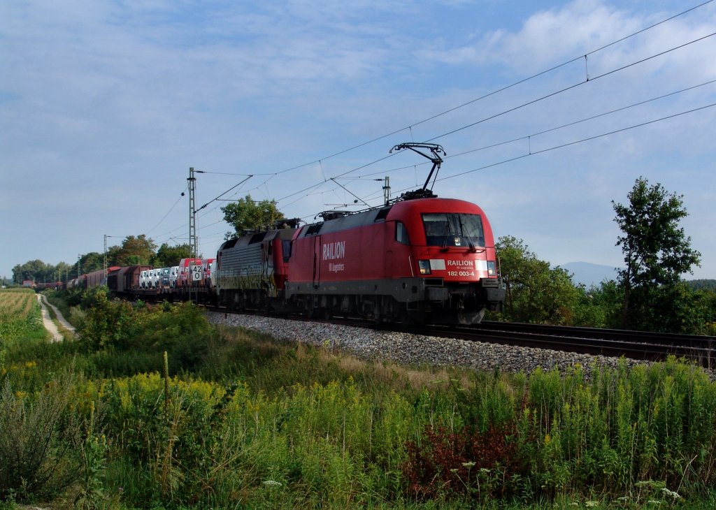 182 003 und eine dnische Lok  EA  mit einem Gterzug am 28.07.2007 unterwegs bei Langenisarhofen.