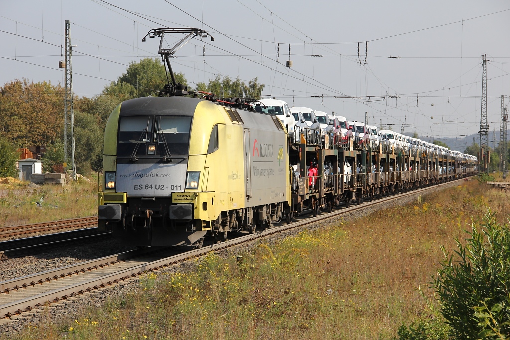 182 511 (ES 64 U2-011) mit Autotransportzug in Fahrtrichtung Sden. Aufgenommen am 16.09.2011 in Eichenberg.