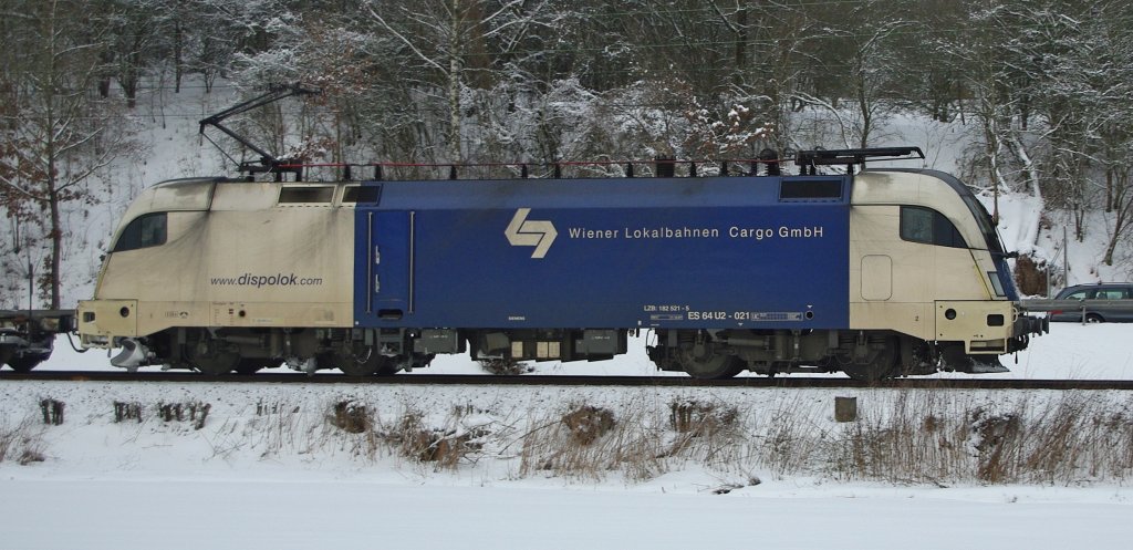 182 521-5 (ES 64 U2-021) der Wiener Lokalbahnen mal im Seitenprofil. Aufgenommen am 02.02.2010 bei Eschwege West.