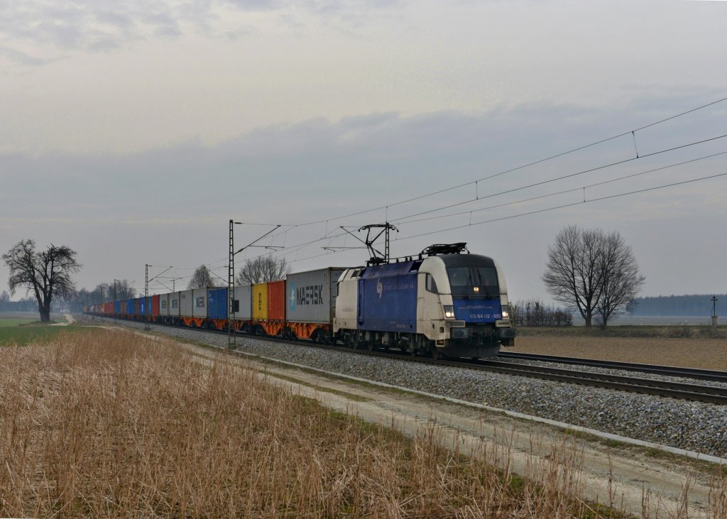 182 522 mit einem Containerzug am 28.03.2013 bei Langenisarhofen.