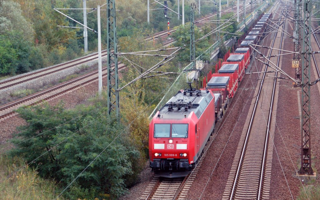 185 009 zieht am 03.10.10 einen Stahlplattenzug durch Holzweiig Richtung Halle(S).