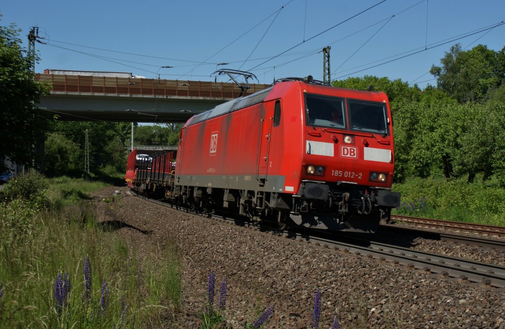 185 012-2 mit einen gemischten Zug kurz hinter Fulda am 06.06.2013.
