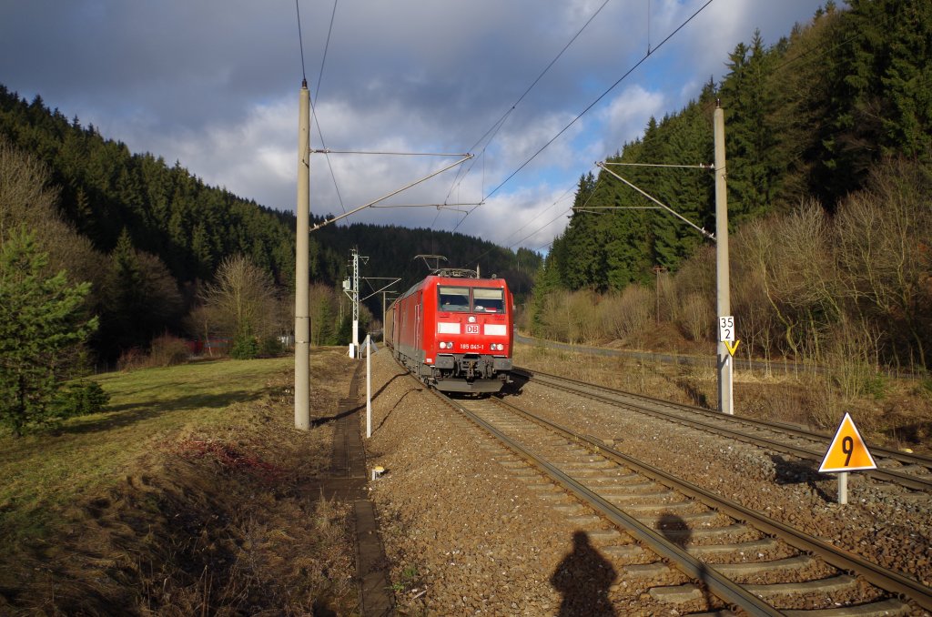 185 041 mit gemischten Gterzug am 28.12.2012 in Frtschendorf. 
