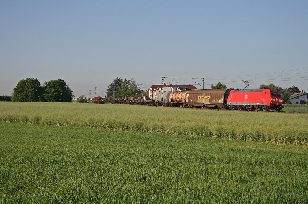 185 079-1 legt sich mit einem gemischten Gterzug bei Gernsheim in die Kurve. 13.05.11