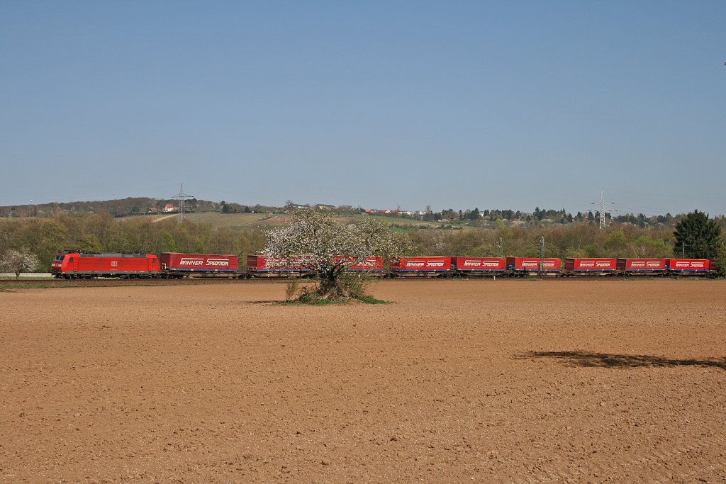185 098-1 mit dem  Winner  TEC 41054 Piacenza/I - Wuppertal-Langerfeld im fr�hlingshaften Niederwalluf. 02.04.11