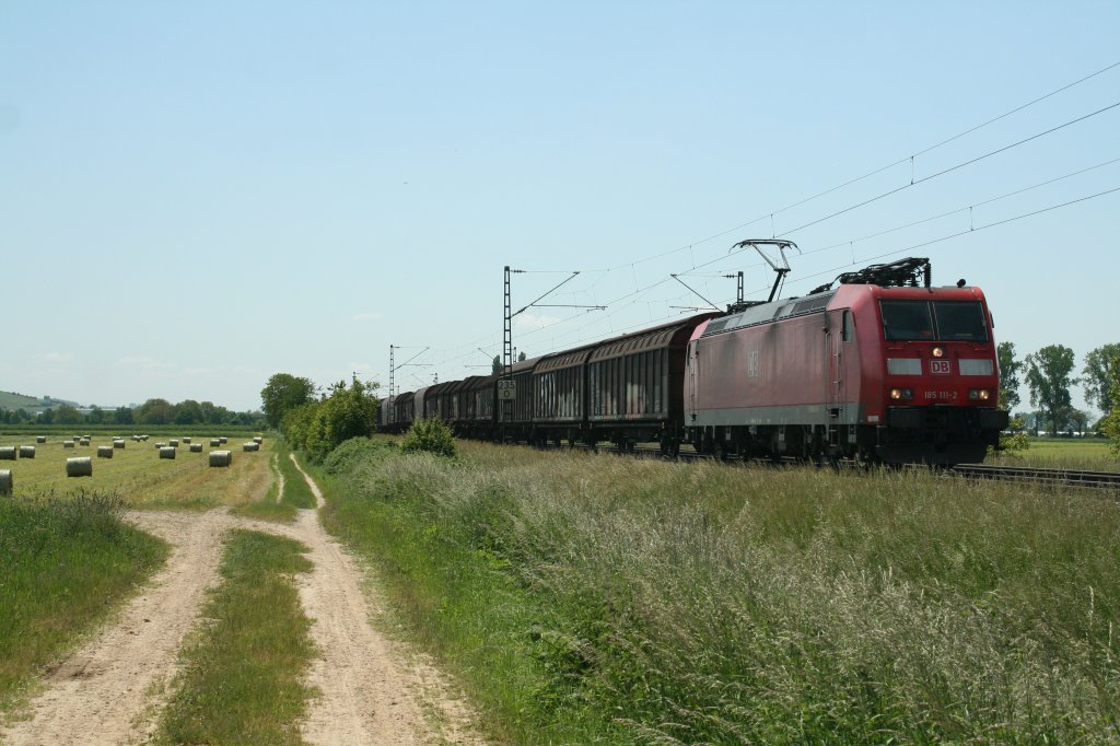 185 111-2 mit einem Gtermischzug am 05.06.13 auf dem Weg von der Schweiz aus in den Norden Deutschlands bei Hgelheim.