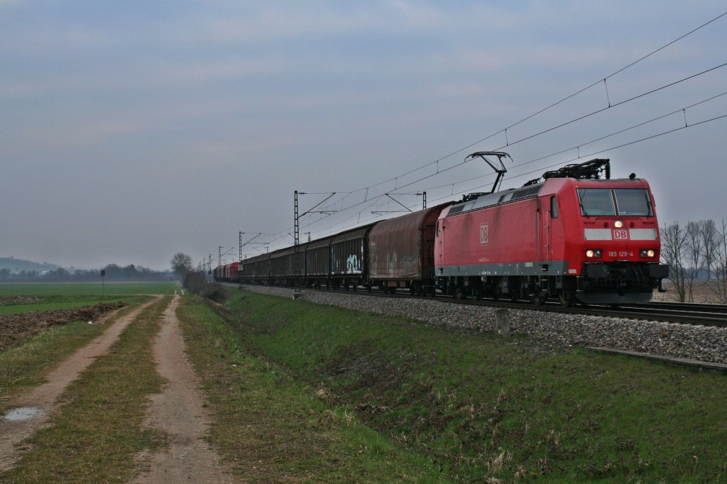 185 129-4 mit einem Stahlzug Richtung Norden am Nachmittag des 27.03.13 bei Hgelheim.