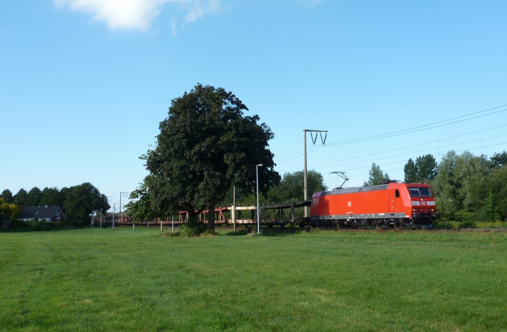 185 174-0 fuhr am 08.08.2012 mit einem Gterzug von Emden nach Osnabrck, hier kurz vor Leer.