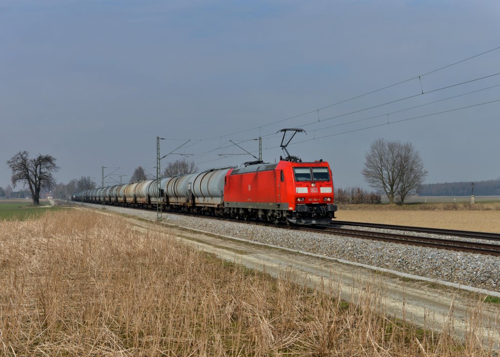 185 183 mit einem Kesselzug am 28.03.2013 bei Langenisarhofen.