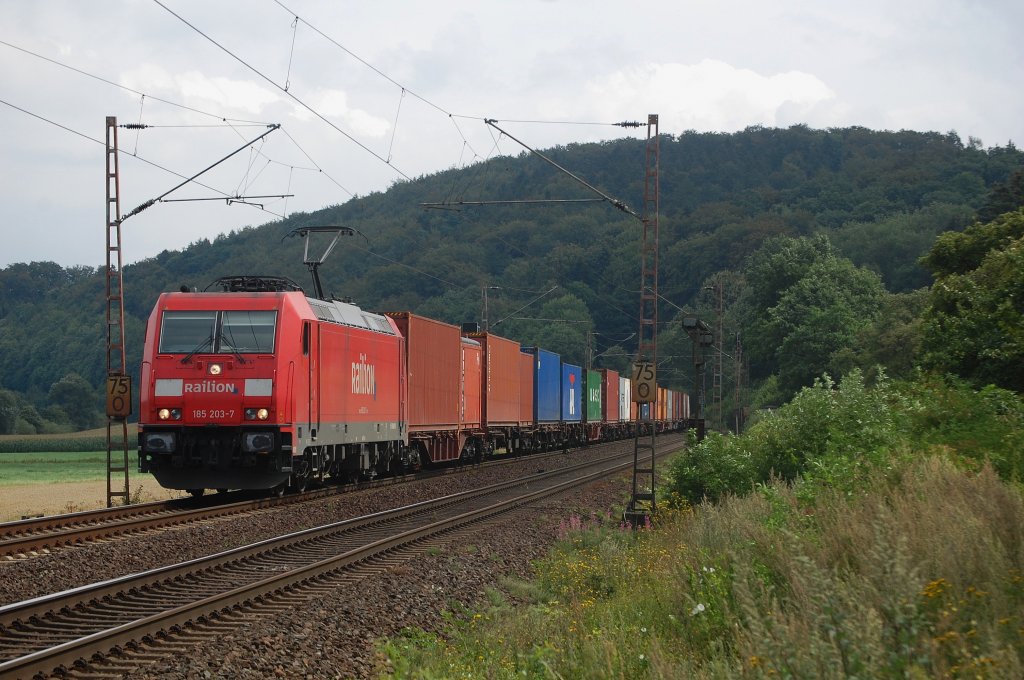 185 203-7 mit einem Containerzug am 07.08.2011 bei Einbeck-Salzderhelden