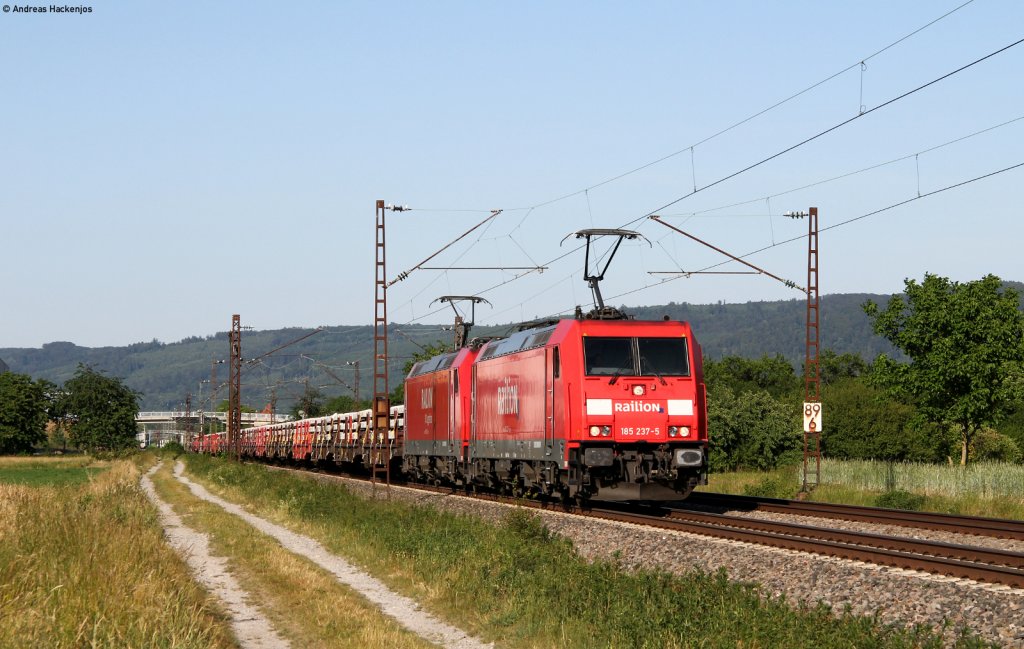 185 237-5 und 283-9 mit Samns Wagen welche mit Teilen der Festen Fahrbahn fr den Katzenbergtunnel bei Malsch 25.5.11