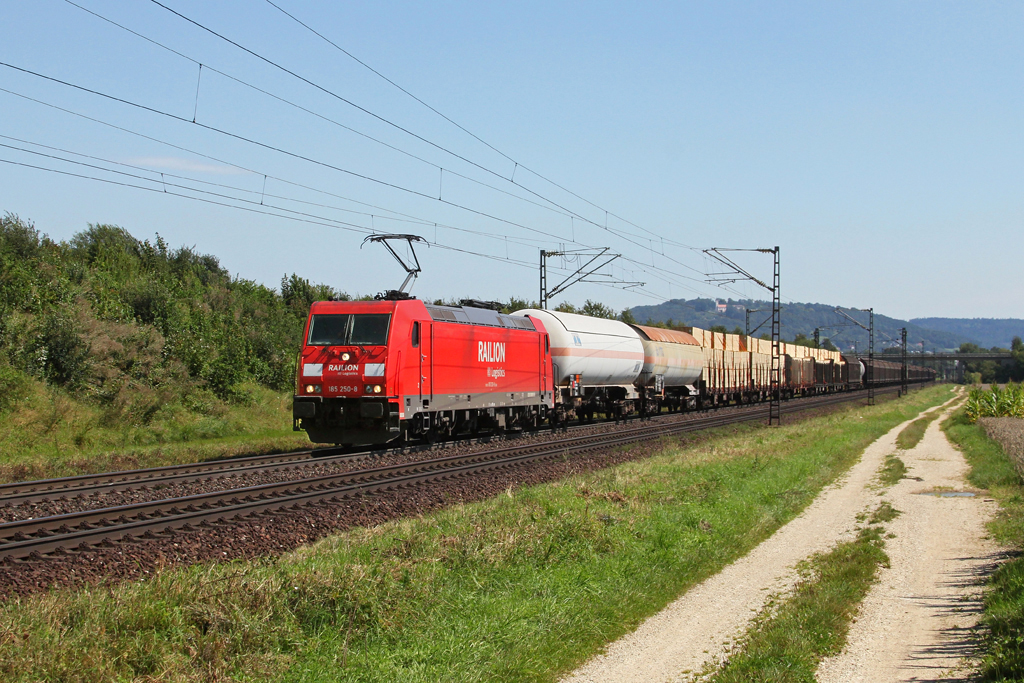 185 250 mit einem gemischten Gterzug am 18.08.2011 bei Plling.