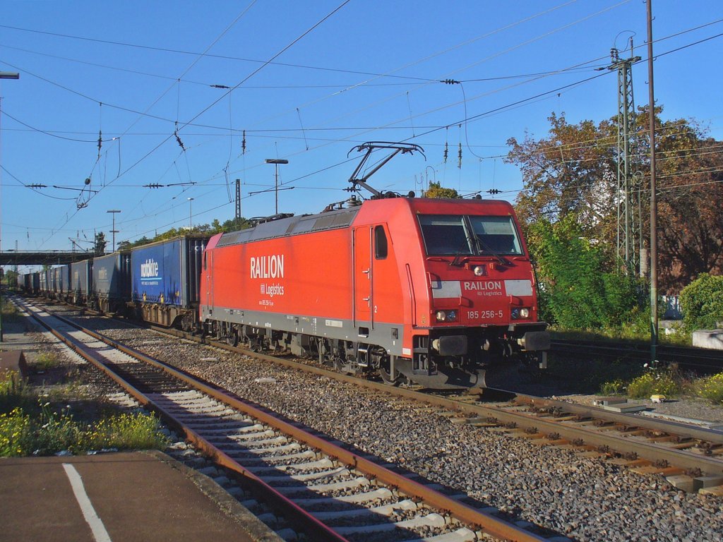 185 256-5 zieht einen Containerzug am 30.09.2011 durch Schwetzingen 

