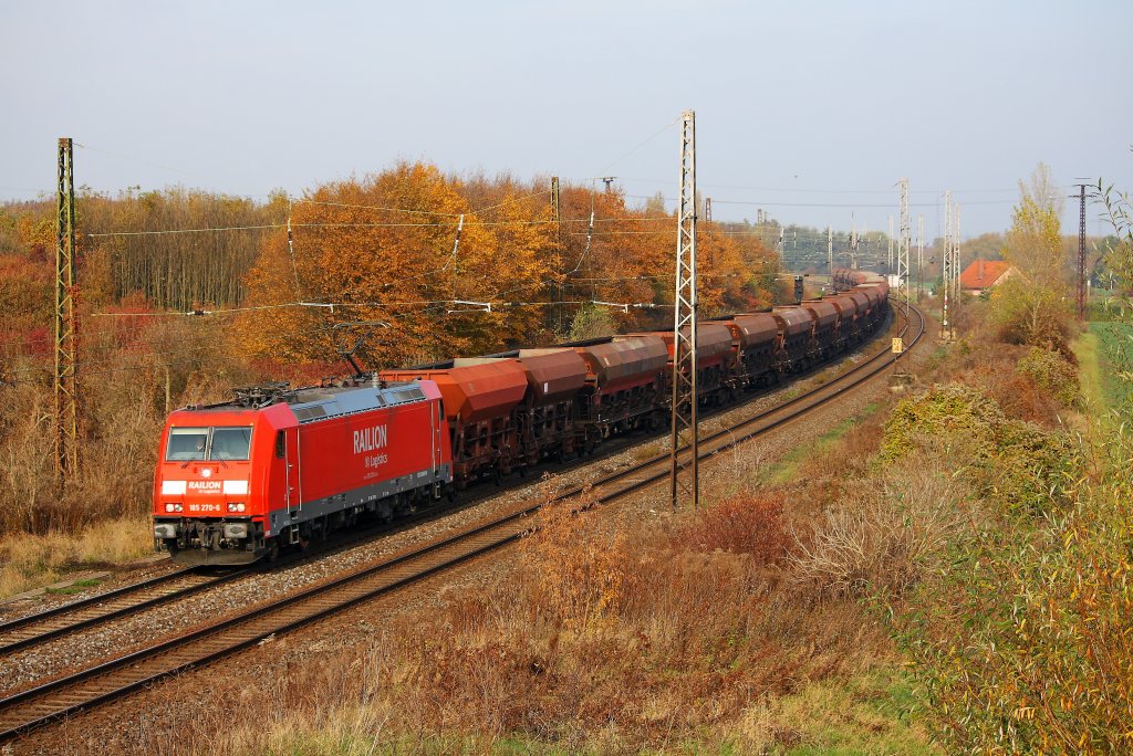 185 270 zieht einen Ganzzug aus Getreidewagen am 31.10.09 bei Kriechau in Richtung Wei�enfels.