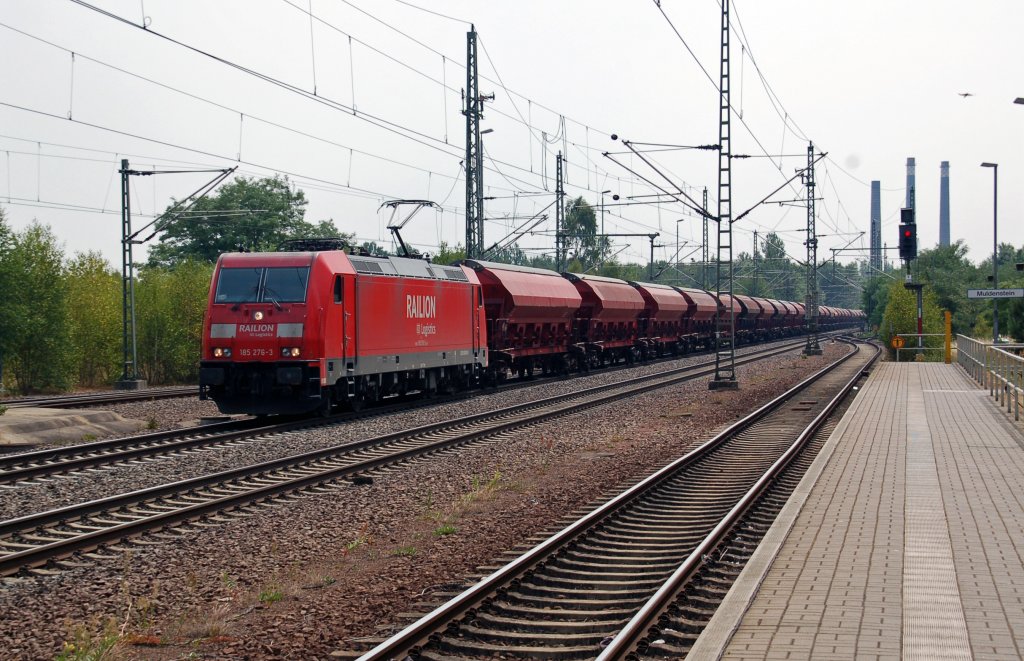 185 276 zieht am 04.07.10 einen Schwenkdachwagenzug durch Muldenstein Richtung Wittenberg.
