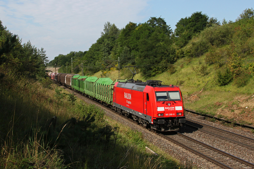 185 288 mit einem gemischten G�terzug am 18.08.2011 bei Postbauer-Heng.
