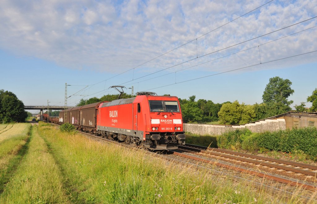 185 293 mit gem GZ auf der Main-Neckar-Bahn bei Ladenburg in Richtung Darmstadt am 16.6.2012