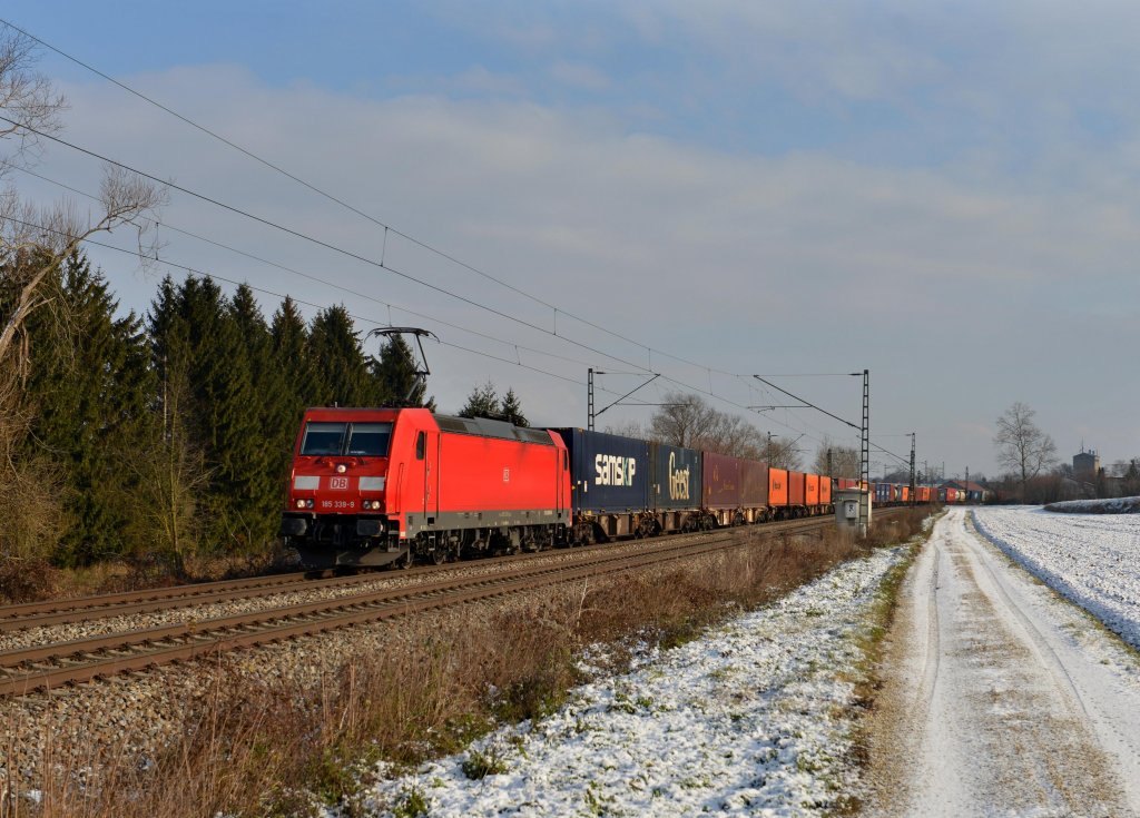 185 339 mit einem Containerzug am 08.12.2012 bei Langenisarhofen.