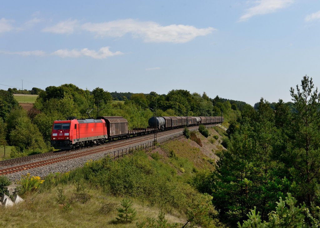 185 344 mit einem Gterzug am 23.08.2012 unterwegs bei Laaber.