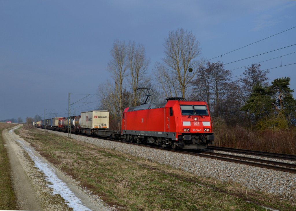 185 344 mit einem KLV am 28.03.2013 bei Langenisarhofen.