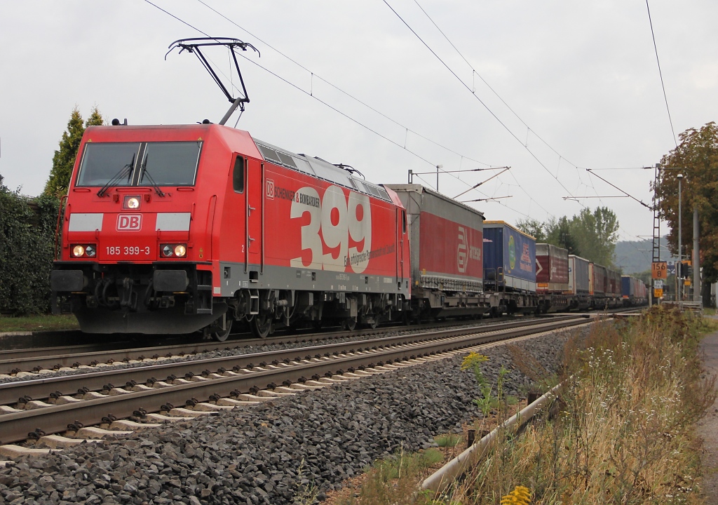 185 399-3 mit KLV-Zug in Fahrtrichtung Sden. Aufgenommen am 15.09.2012 in Ludwigsau-Friedlos.
